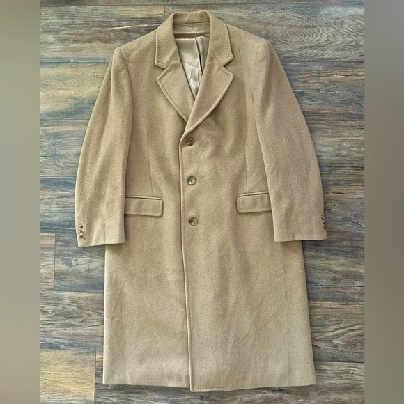 Vintage 60s/70s Cashmere Wool Blend Long Tan Overcoat L/Xl